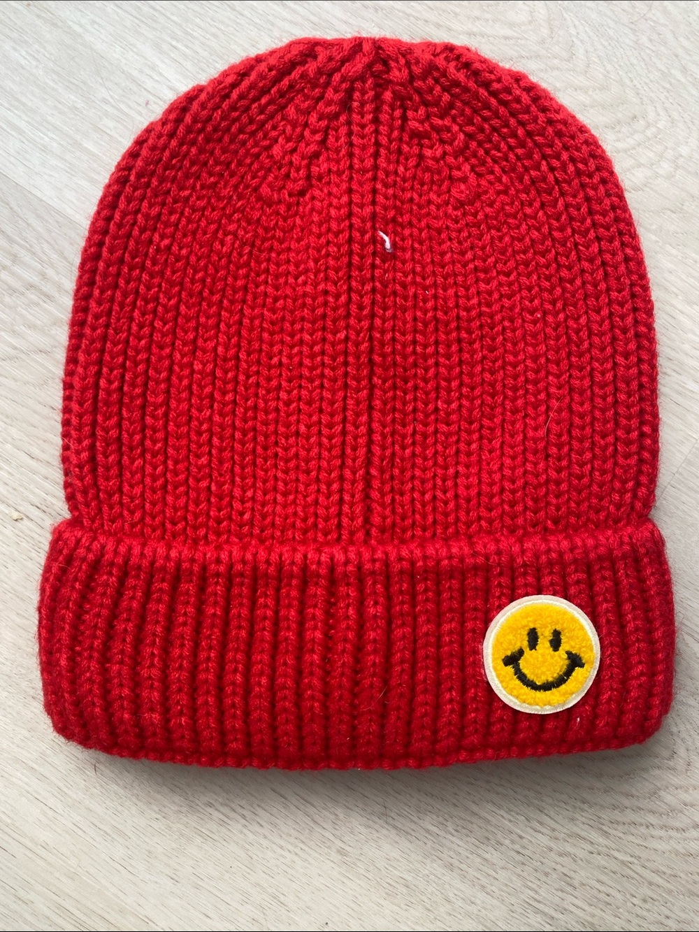 Red Knit Beanie with Smiley Patch